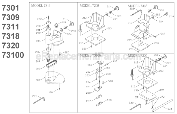 Page B Diagram and Parts List for 7310 Type 1 Porter Cable Laminate Trimmer